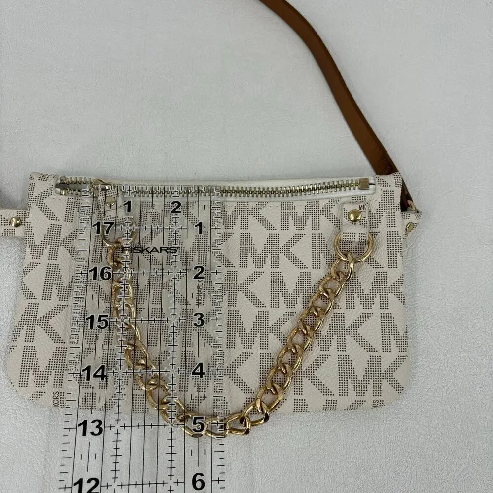 Michael Kors Belt Bag Chain‎ Zip White Signature Logo Faux Leather Size L Belt